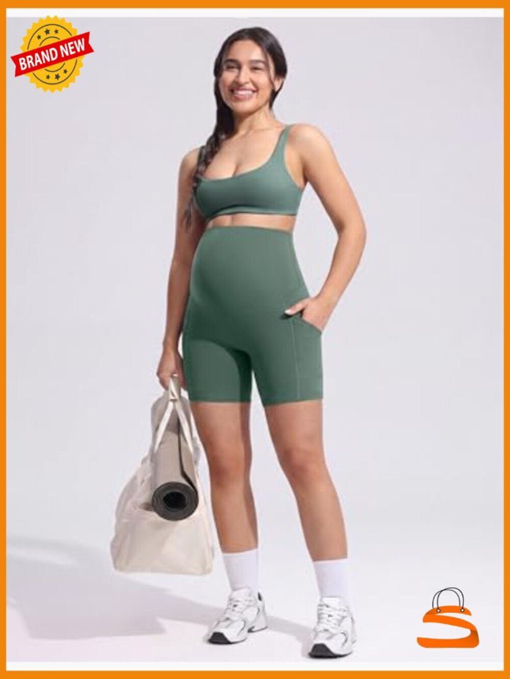 Maternity Yoga Shorts Over The Belly Summer Workout Active Shorts with Pockets - Picture 3 of 7